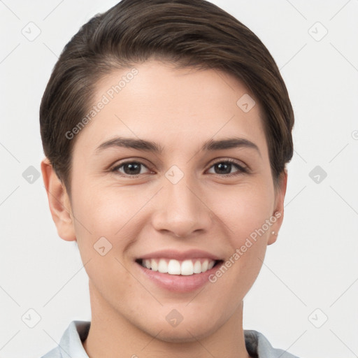 Joyful white young-adult female with short  brown hair and brown eyes