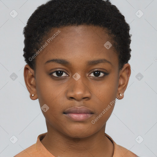 Neutral black young-adult female with short  brown hair and brown eyes