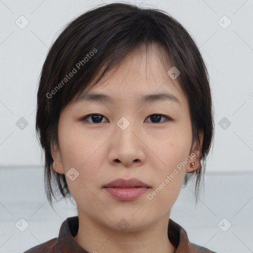 Neutral asian young-adult female with medium  brown hair and brown eyes