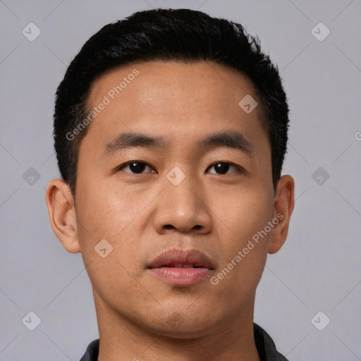 Neutral white young-adult male with short  black hair and brown eyes