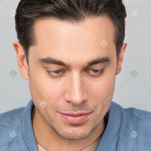 Joyful white young-adult male with short  brown hair and brown eyes