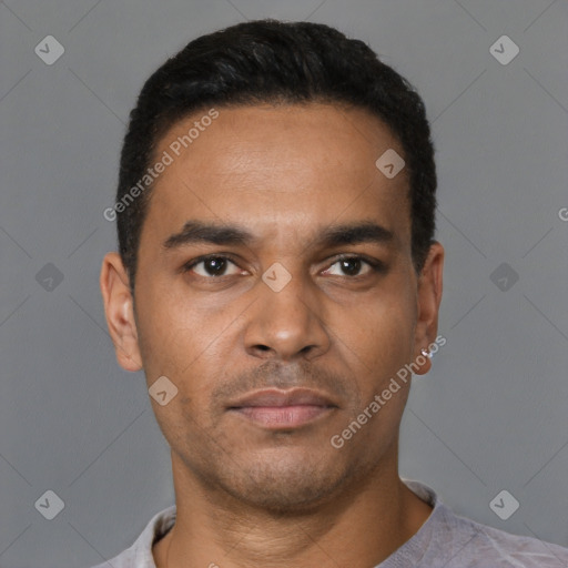 Neutral latino young-adult male with short  black hair and brown eyes