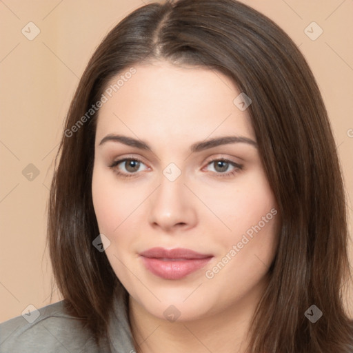 Neutral white young-adult female with long  brown hair and brown eyes