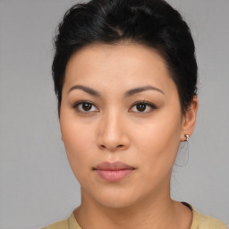 Neutral asian young-adult female with short  brown hair and brown eyes