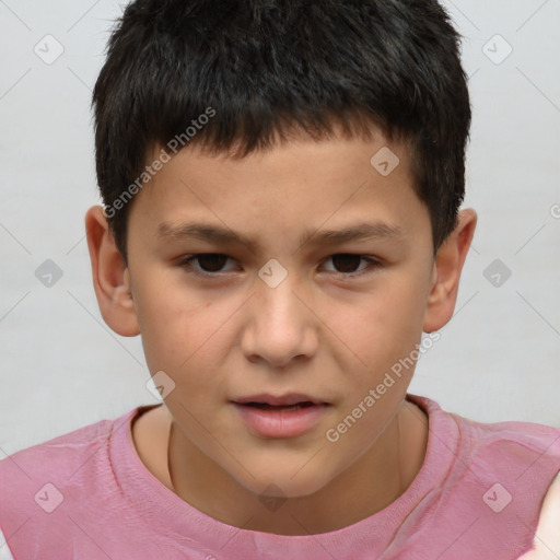 Joyful white child male with short  brown hair and brown eyes