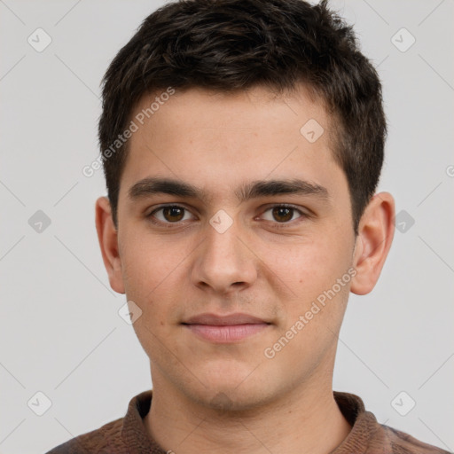 Neutral white young-adult male with short  brown hair and brown eyes