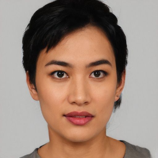 Neutral asian young-adult female with short  black hair and brown eyes
