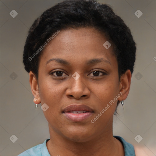 Joyful black young-adult female with short  brown hair and brown eyes