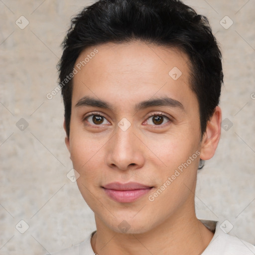 Joyful white young-adult male with short  black hair and brown eyes