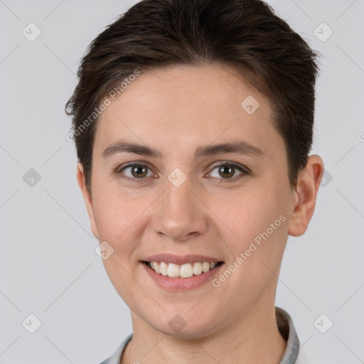 Joyful white young-adult female with short  brown hair and brown eyes