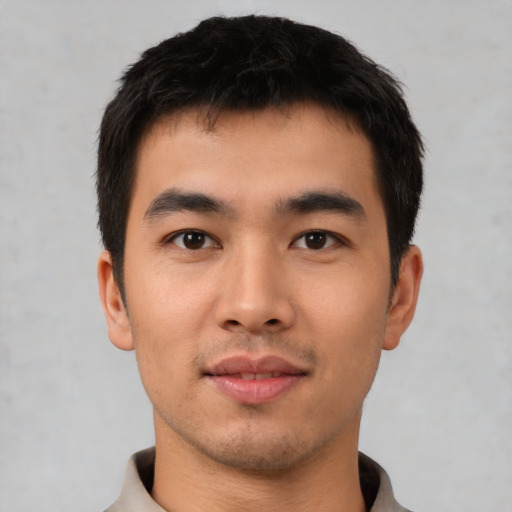 Neutral asian young-adult male with short  black hair and brown eyes