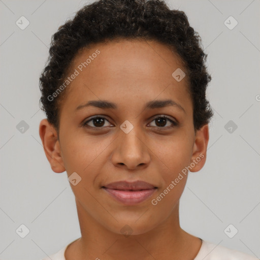 Joyful latino young-adult female with short  brown hair and brown eyes