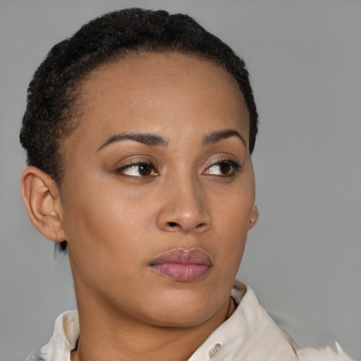 Neutral black young-adult female with short  brown hair and brown eyes
