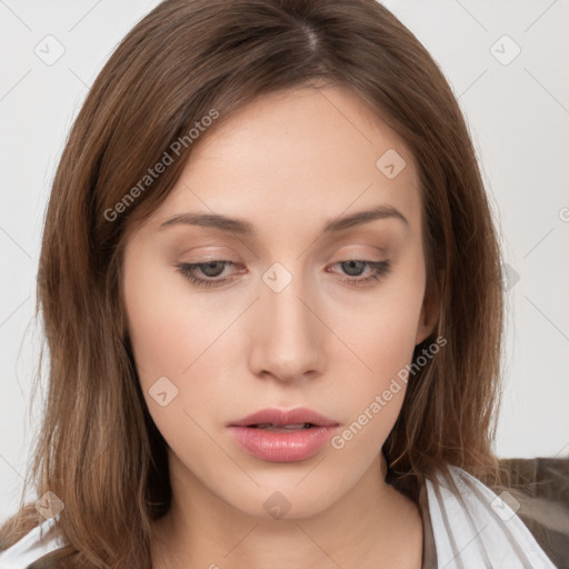 Neutral white young-adult female with long  brown hair and brown eyes