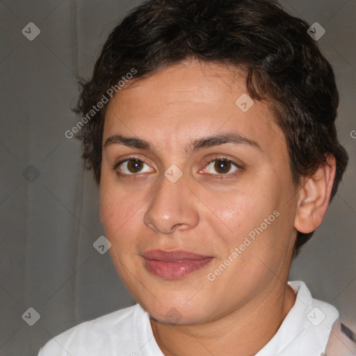 Joyful white adult female with short  brown hair and brown eyes