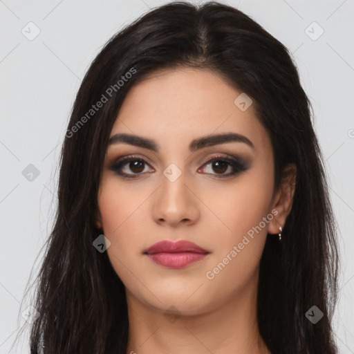 Neutral latino young-adult female with long  black hair and brown eyes