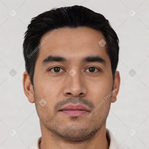 Neutral latino young-adult male with short  black hair and brown eyes