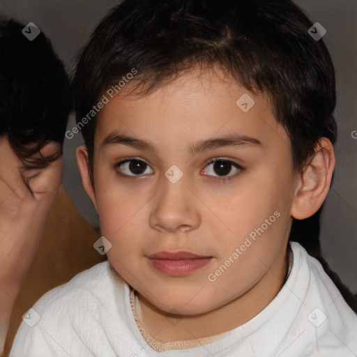 Joyful white child female with short  brown hair and brown eyes