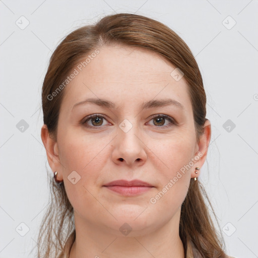 Joyful white young-adult female with long  brown hair and grey eyes