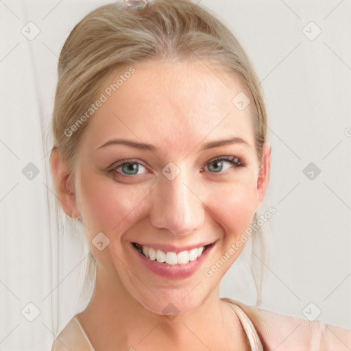 Joyful white young-adult female with medium  brown hair and blue eyes