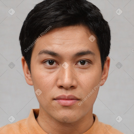 Neutral asian young-adult male with short  black hair and brown eyes