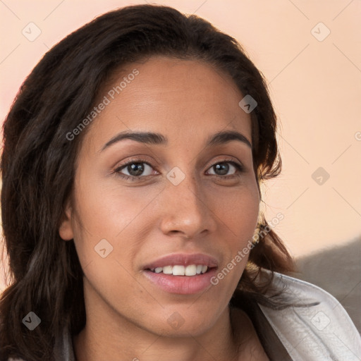 Joyful white young-adult female with long  brown hair and brown eyes