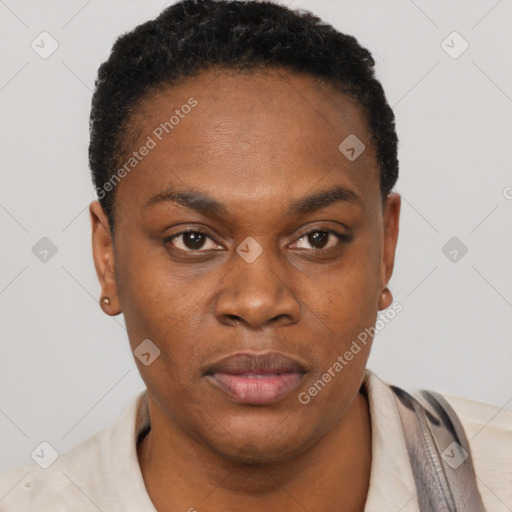 Joyful black young-adult female with short  black hair and brown eyes