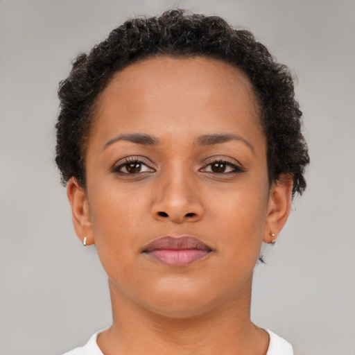 Neutral latino young-adult female with short  brown hair and brown eyes