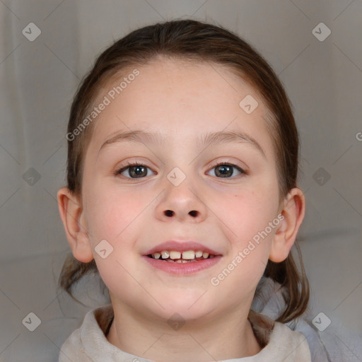 Joyful white child female with medium  brown hair and blue eyes