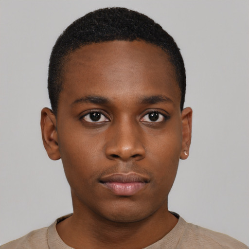 Neutral black young-adult male with short  black hair and brown eyes