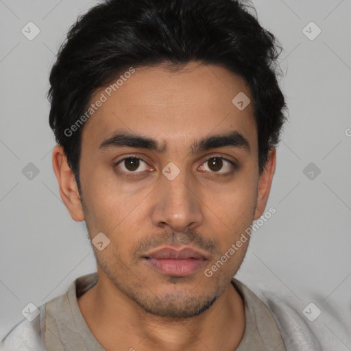 Neutral latino young-adult male with short  black hair and brown eyes