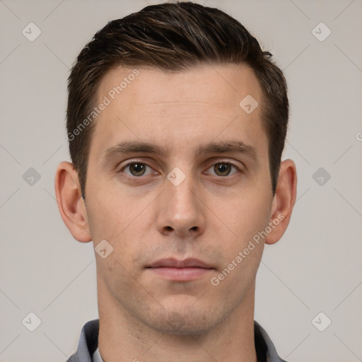 Neutral white young-adult male with short  brown hair and brown eyes