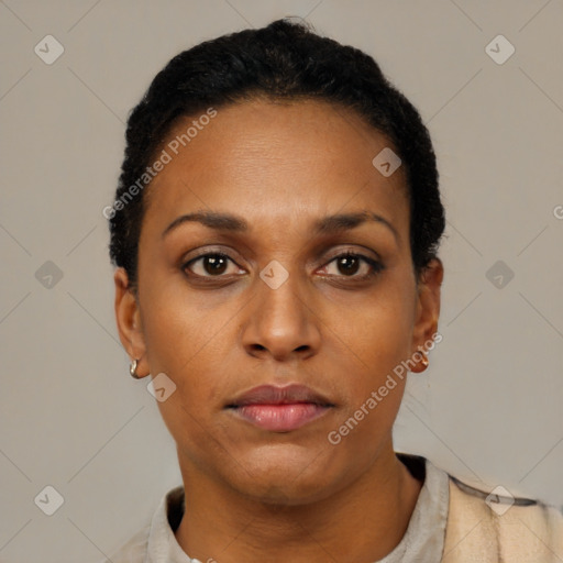 Neutral black young-adult female with short  black hair and brown eyes