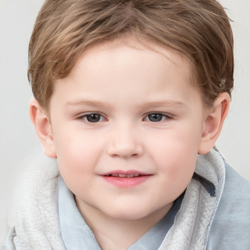 Joyful white child female with short  brown hair and grey eyes