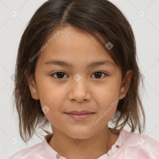 Joyful white child female with medium  brown hair and brown eyes