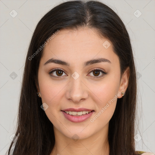 Joyful white young-adult female with long  brown hair and brown eyes