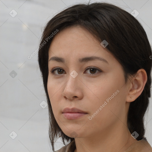 Neutral white young-adult female with medium  brown hair and brown eyes