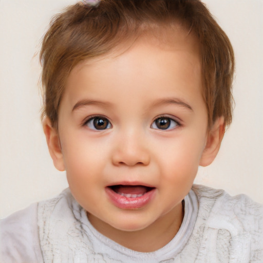 Joyful white child female with short  brown hair and brown eyes