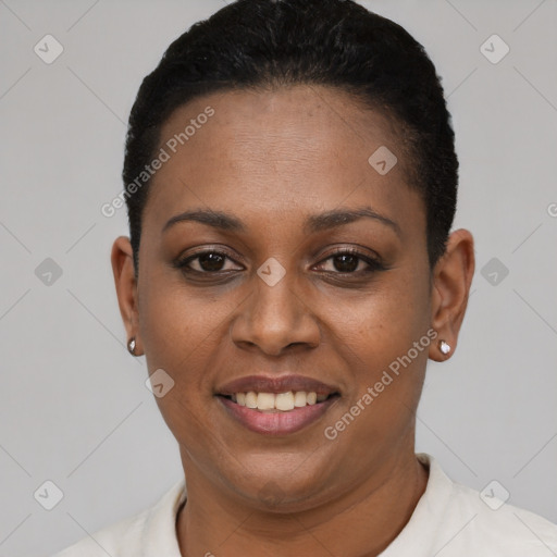 Joyful black young-adult female with short  black hair and brown eyes