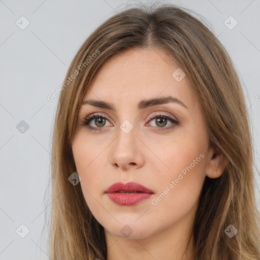 Neutral white young-adult female with long  brown hair and brown eyes