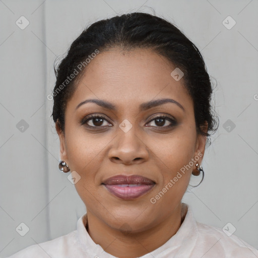 Joyful black young-adult female with medium  brown hair and brown eyes