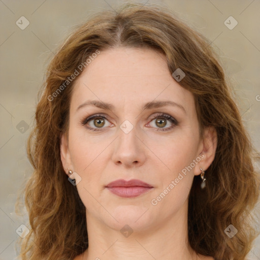 Joyful white young-adult female with medium  brown hair and green eyes