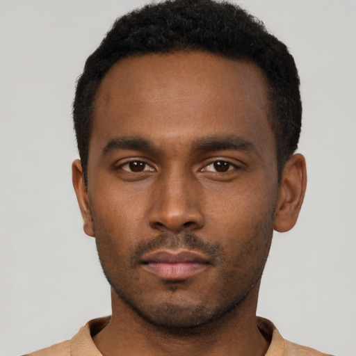 Neutral black young-adult male with short  black hair and brown eyes