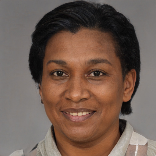 Joyful latino adult female with short  black hair and brown eyes