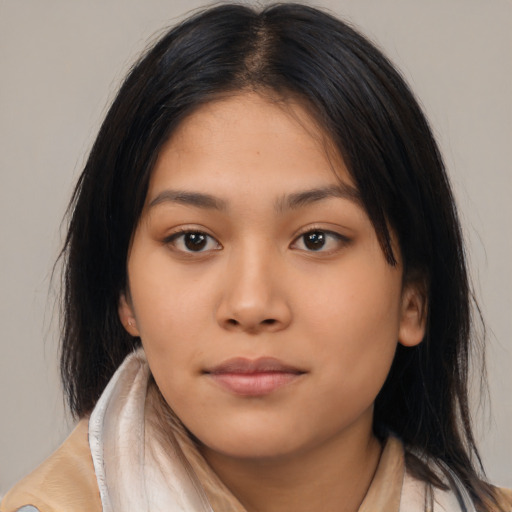Neutral latino young-adult female with long  brown hair and brown eyes