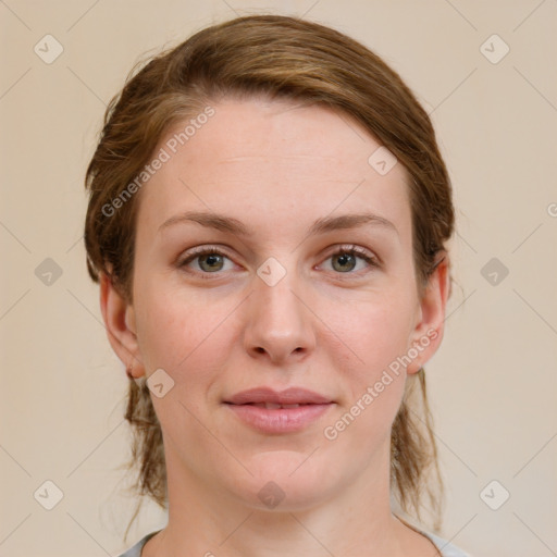 Joyful white young-adult female with medium  brown hair and grey eyes