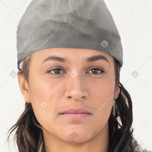 Joyful white young-adult female with medium  brown hair and grey eyes