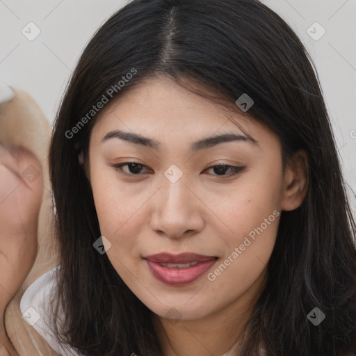 Joyful asian young-adult female with long  brown hair and brown eyes