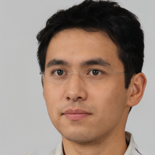 Neutral asian young-adult male with short  black hair and brown eyes