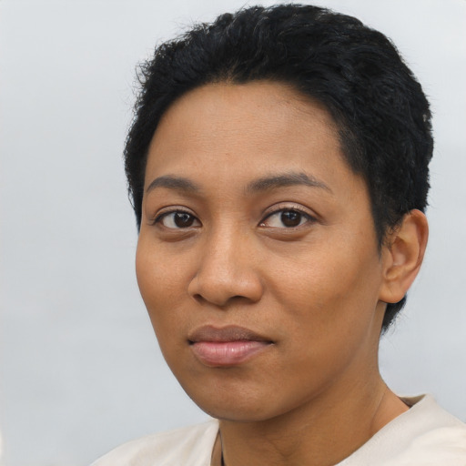 Joyful latino young-adult female with short  black hair and brown eyes